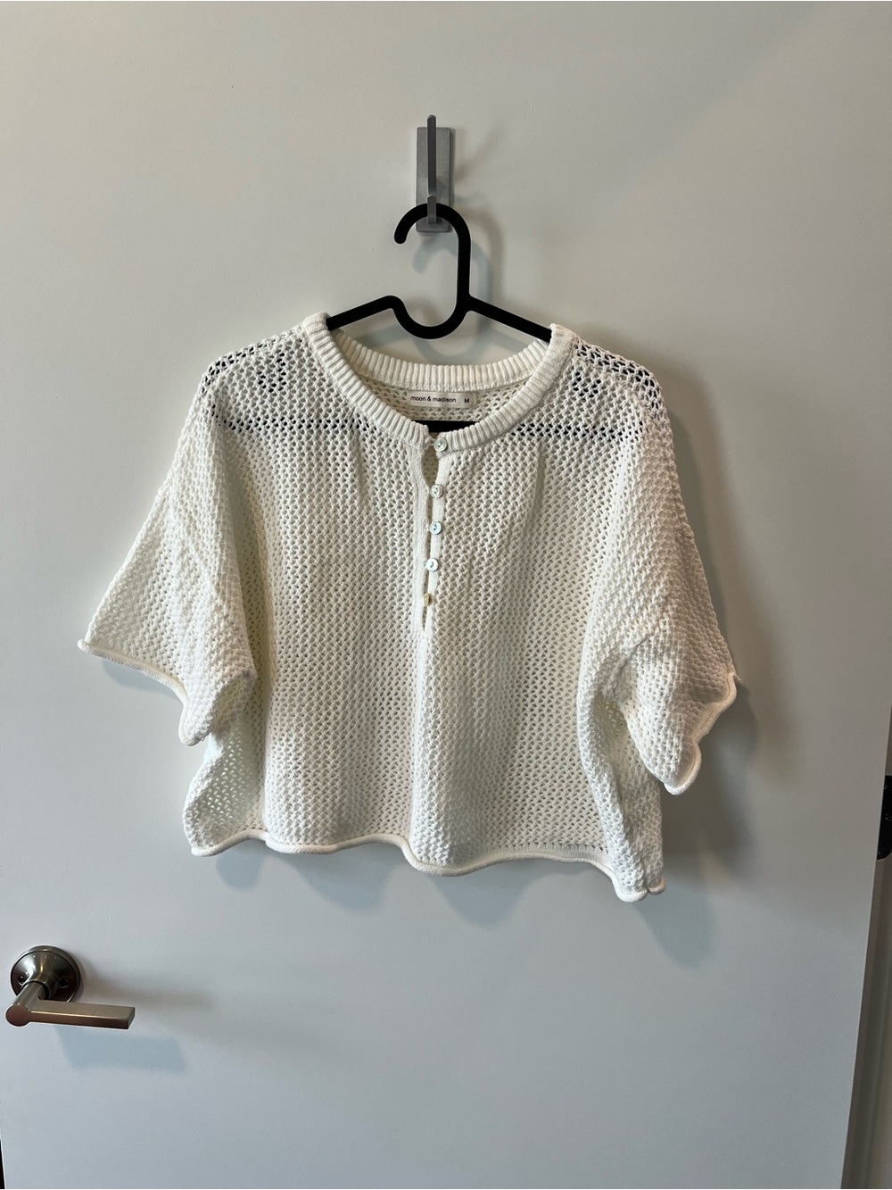 moon & madison White Cropped Open-Knit Henley Top